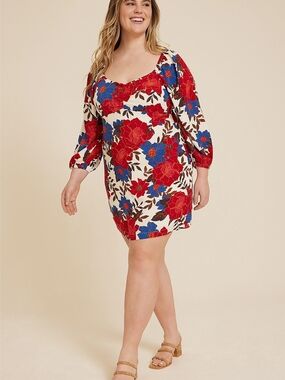 Maurices Floral Midi Dress in Red, Blue & Cream
